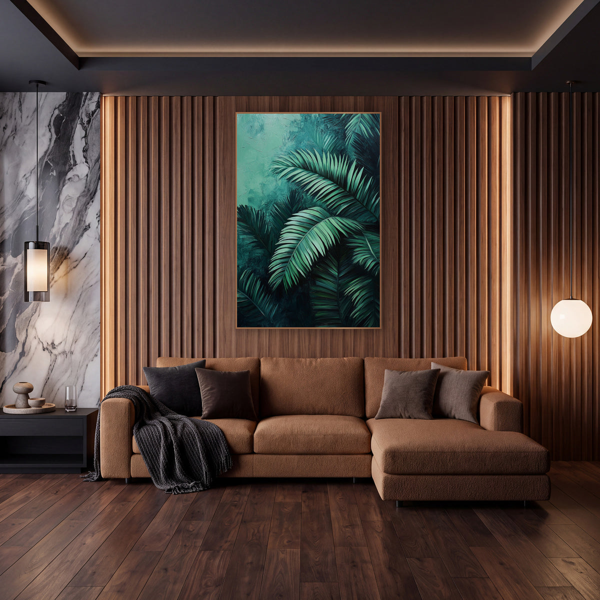 Emerald Palm Fronds Moody Botanical wall art in an elegant modern room – layered emerald palm fronds with pale mint