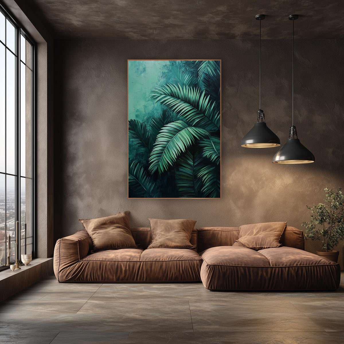 Emerald Palm Fronds Moody Botanical wall art in an elegant modern room – layered emerald palm fronds with pale mint