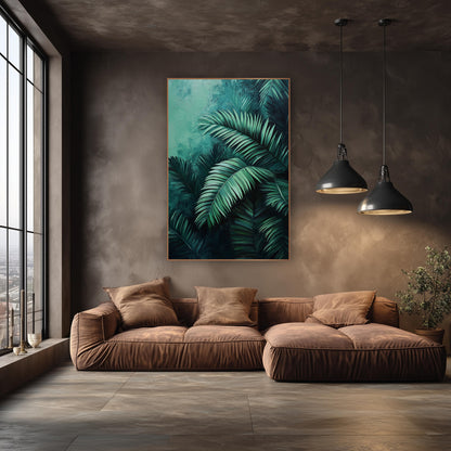 Emerald Palm Fronds Moody Botanical wall art in an elegant modern room – layered emerald palm fronds with pale mint
