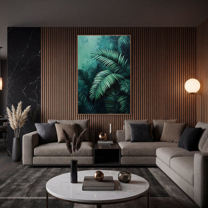 Emerald Palm Fronds Moody Botanical wall art in an elegant modern room – layered emerald palm fronds with pale mint