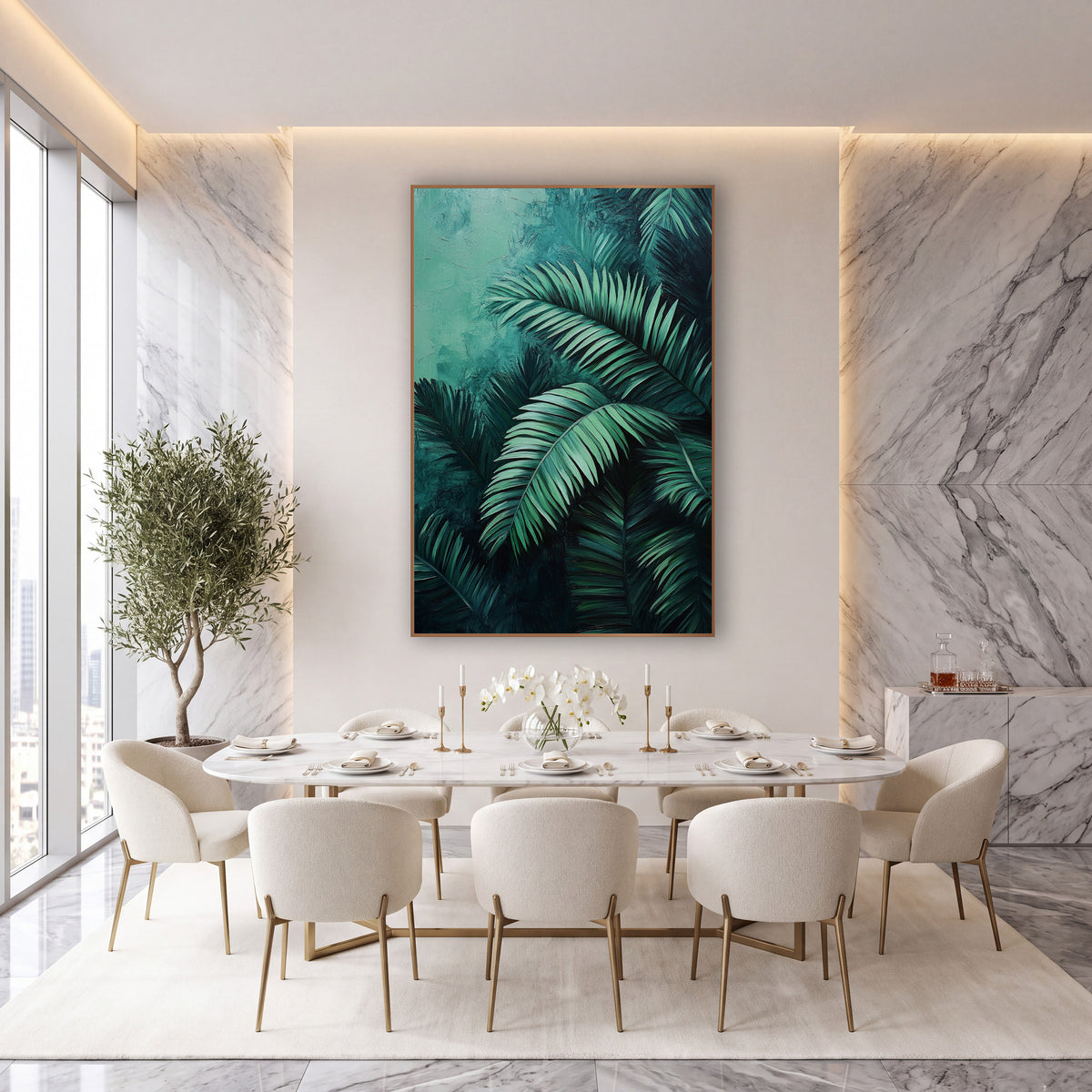 Emerald Palm Fronds Moody Botanical wall art in an elegant modern room – layered emerald palm fronds with pale mint