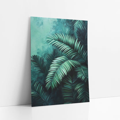 Emerald Palm Fronds Moody Botanical art print leaning against a white wall – layered emerald palm fronds with pale mint edges