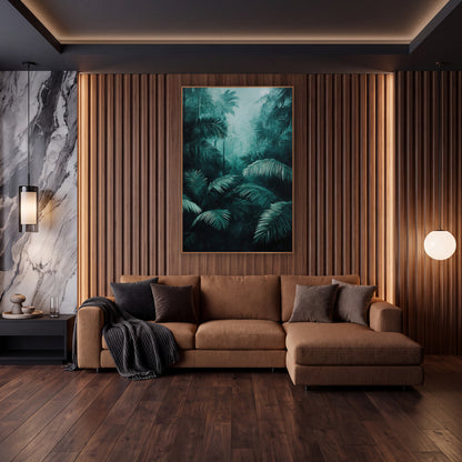 Misty Teal Palm Jungle Botanical wall art in an elegant modern room – dark teal palm fronds in the foreground