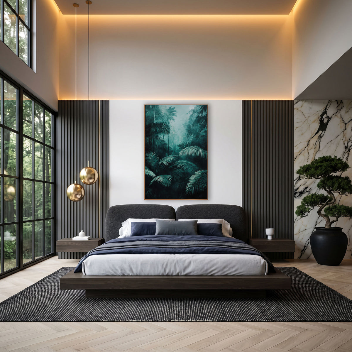 Misty Teal Palm Jungle Botanical wall art in an elegant modern room – dark teal palm fronds in the foreground