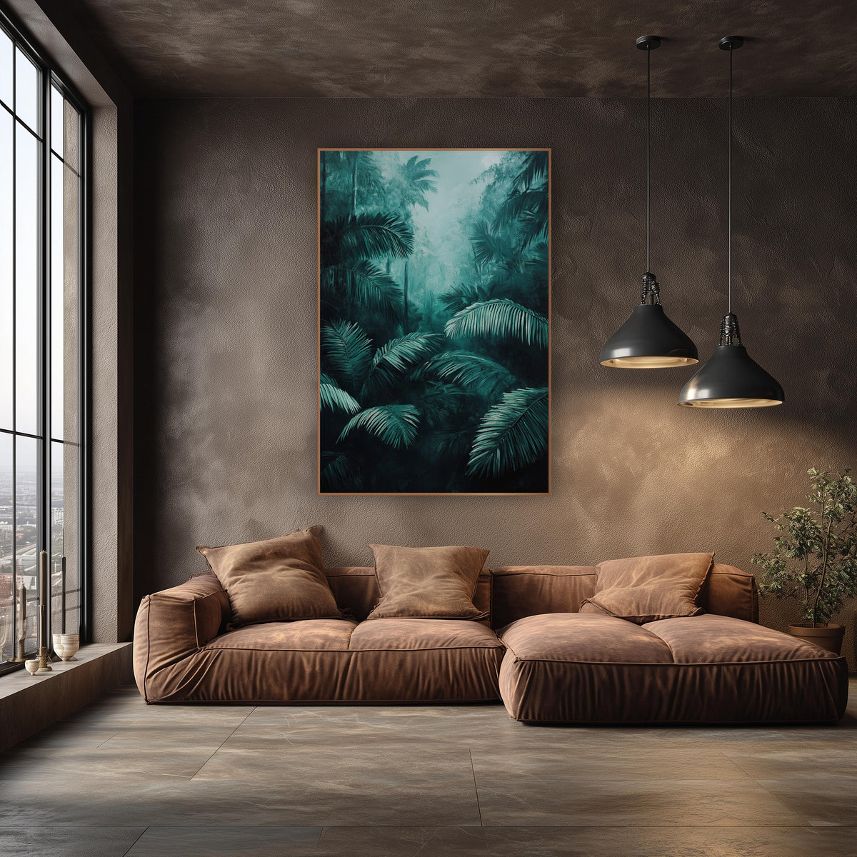 Misty Teal Palm Jungle Botanical wall art in an elegant modern room – dark teal palm fronds in the foreground