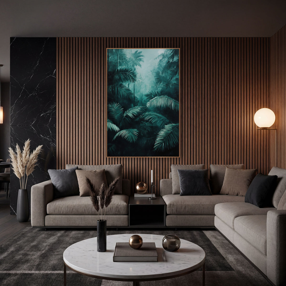 Misty Teal Palm Jungle Botanical wall art in an elegant modern room – dark teal palm fronds in the foreground