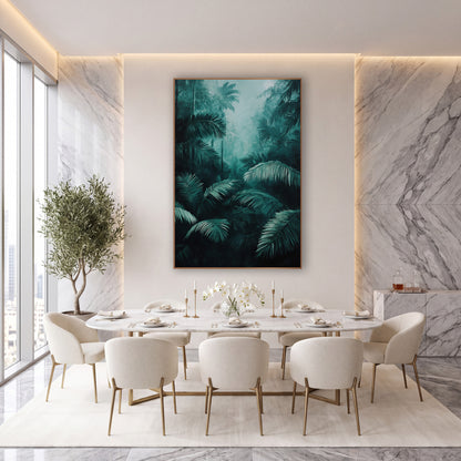 Misty Teal Palm Jungle Botanical wall art in an elegant modern room – dark teal palm fronds in the foreground