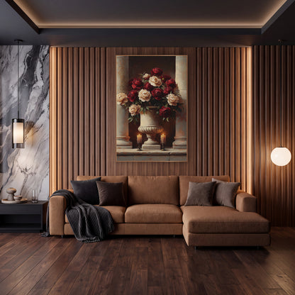 Burgundy Peony Urn Classical Still Life wall art in an elegant modern room – burgundy and cream peonies in a carved