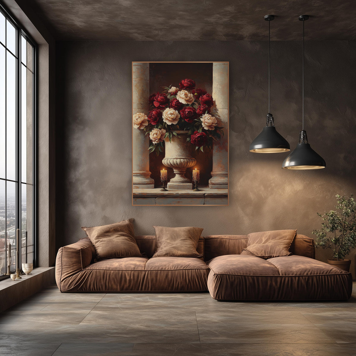 Burgundy Peony Urn Classical Still Life wall art in an elegant modern room – burgundy and cream peonies in a carved