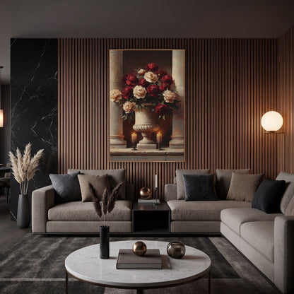 Burgundy Peony Urn Classical Still Life wall art in an elegant modern room – burgundy and cream peonies in a carved