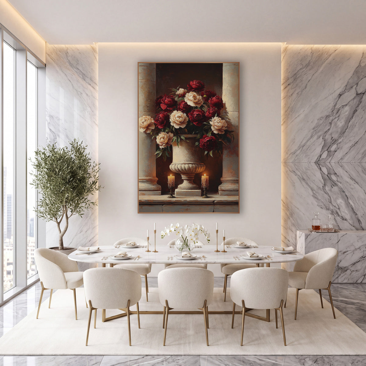 Burgundy Peony Urn Classical Still Life wall art in an elegant modern room – burgundy and cream peonies in a carved