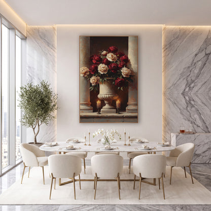 Burgundy Peony Urn Classical Still Life wall art in an elegant modern room – burgundy and cream peonies in a carved