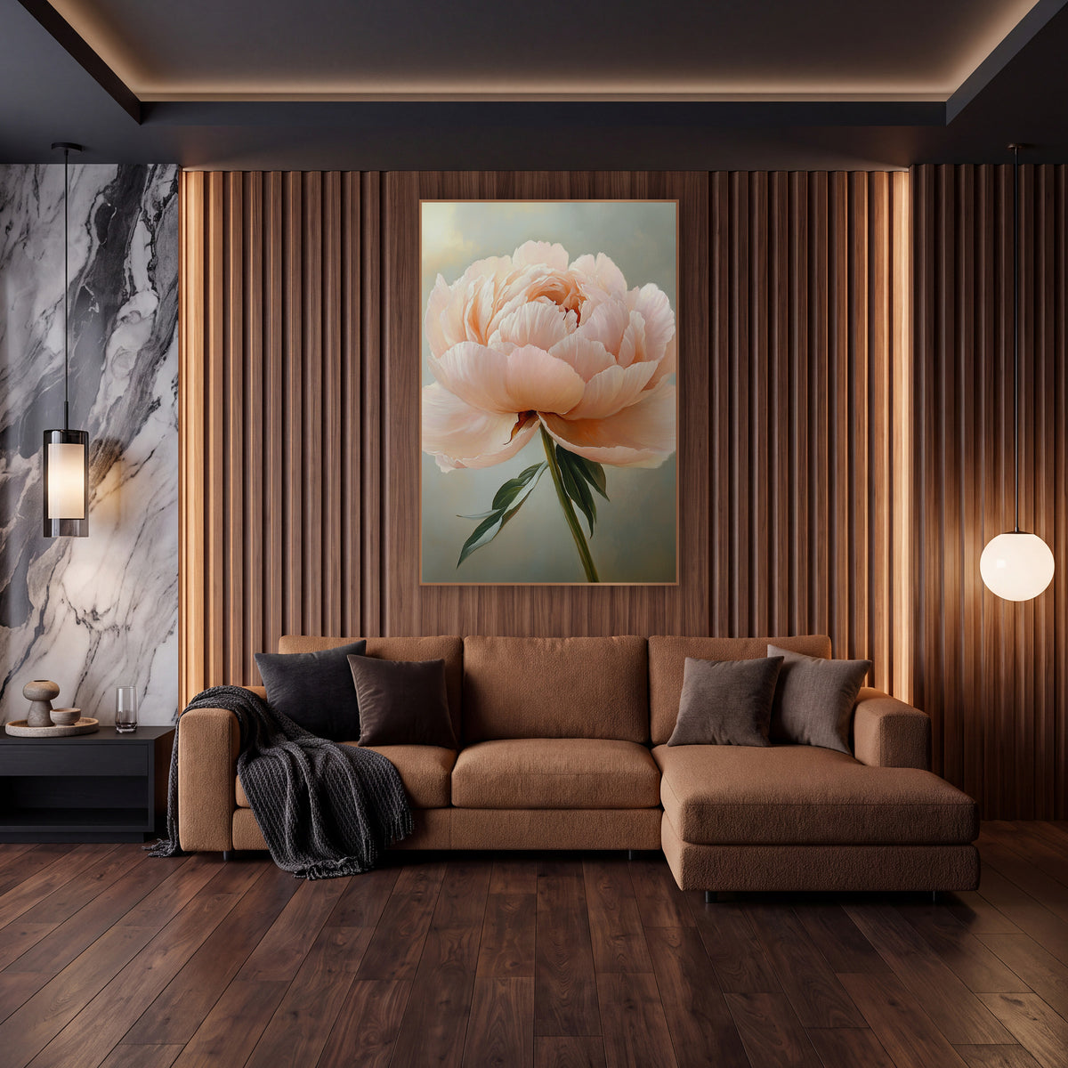 Peach Peony Stem Portrait wall art in an elegant modern room – single open peach-pink peony with layered ruffled