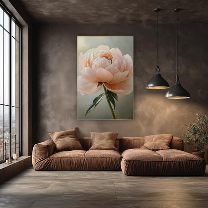 Peach Peony Stem Portrait wall art in an elegant modern room – single open peach-pink peony with layered ruffled