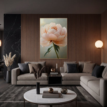 Peach Peony Stem Portrait wall art in an elegant modern room – single open peach-pink peony with layered ruffled