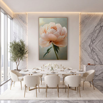 Peach Peony Stem Portrait wall art in an elegant modern room – single open peach-pink peony with layered ruffled