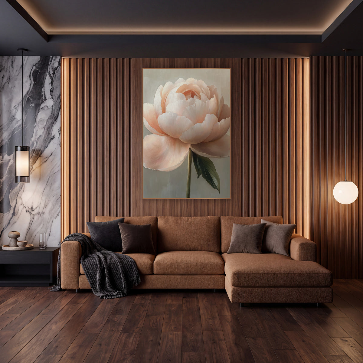 Ivory Peony Side Profile Study wall art in an elegant modern room – fully open blush peach peony with ruffled petals