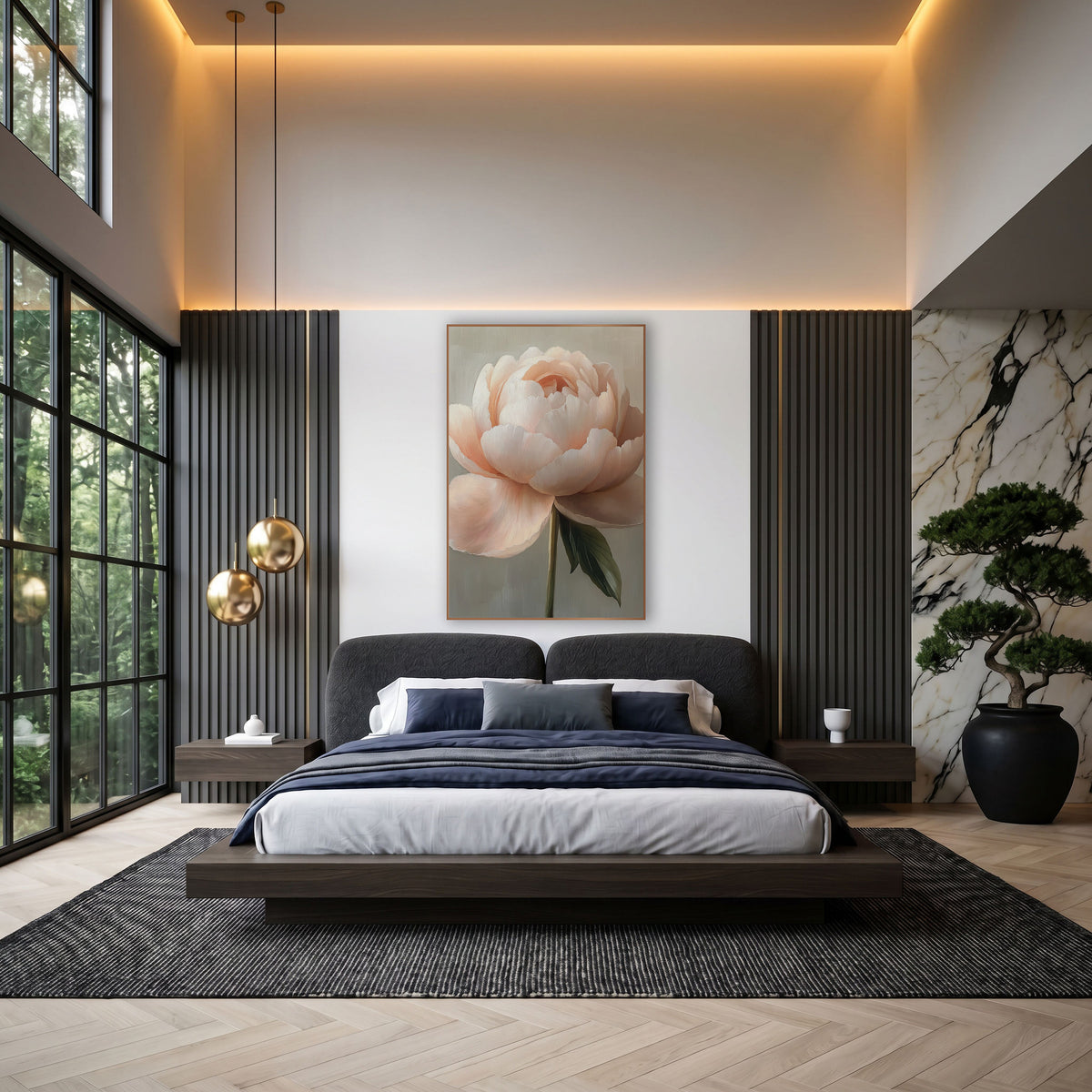 Ivory Peony Side Profile Study wall art in an elegant modern room – fully open blush peach peony with ruffled petals