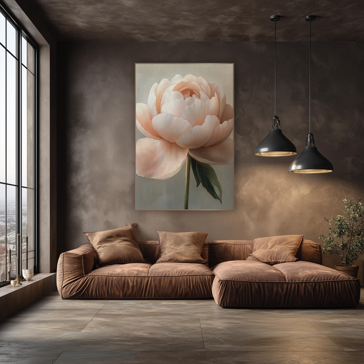 Ivory Peony Side Profile Study wall art in an elegant modern room – fully open blush peach peony with ruffled petals