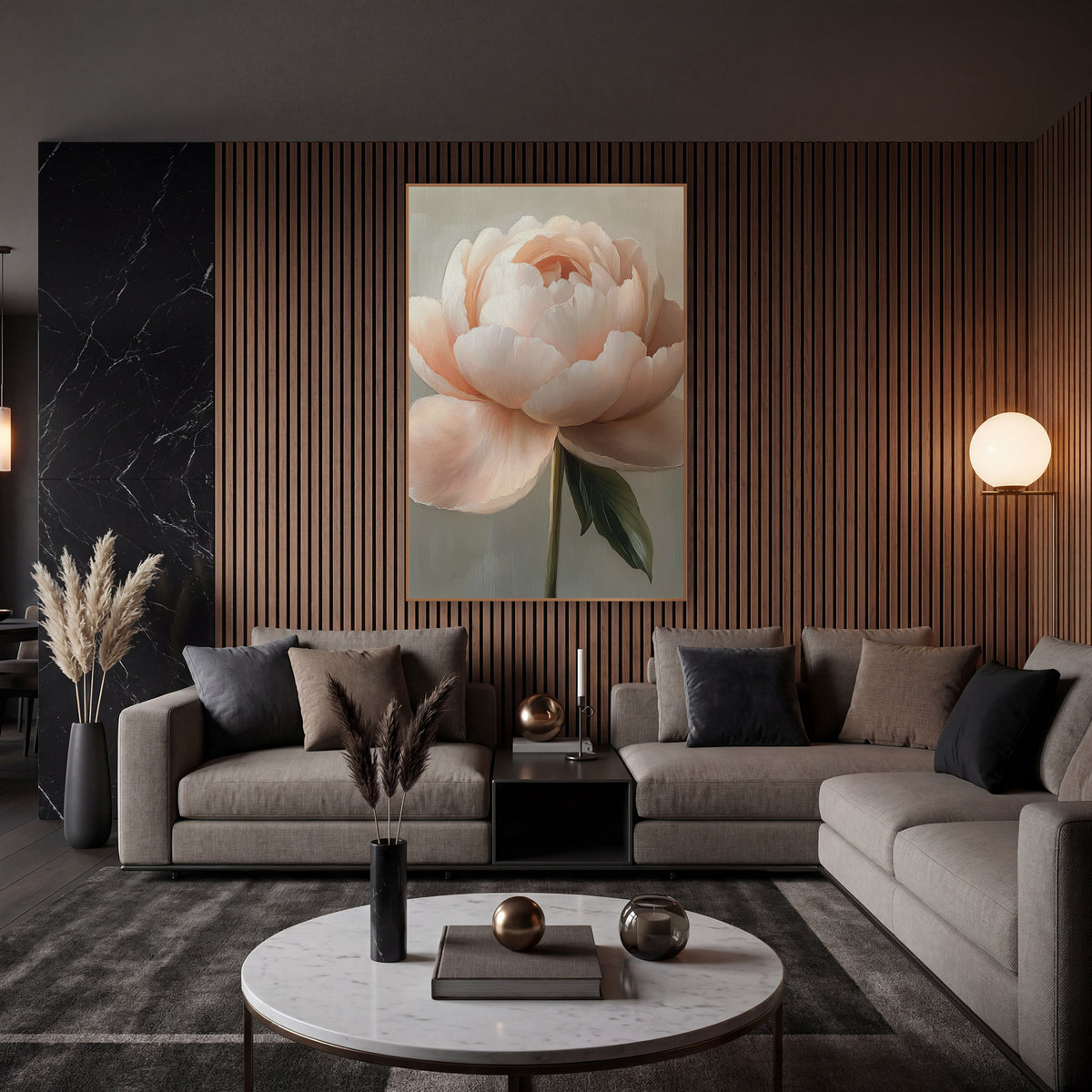 Ivory Peony Side Profile Study wall art in an elegant modern room – fully open blush peach peony with ruffled petals