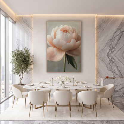 Ivory Peony Side Profile Study wall art in an elegant modern room – fully open blush peach peony with ruffled petals