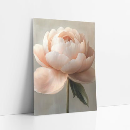 Ivory Peony Side Profile Study art print leaning against a white wall – fully open blush peach peony with ruffled petals