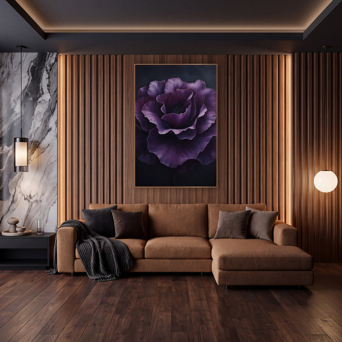 Plum Ruffled Rosette Closeup Painterly wall art in an elegant modern room – large plum purple lisianthus with ruffled