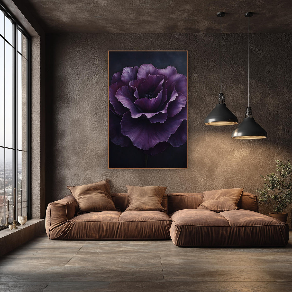 Plum Ruffled Rosette Closeup Painterly wall art in an elegant modern room – large plum purple lisianthus with ruffled
