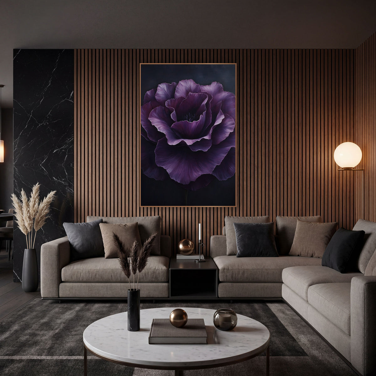 Plum Ruffled Rosette Closeup Painterly wall art in an elegant modern room – large plum purple lisianthus with ruffled