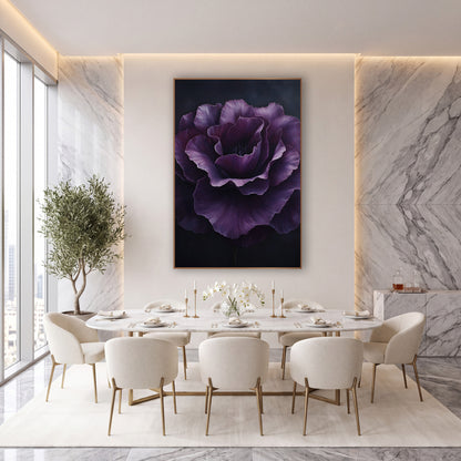 Plum Ruffled Rosette Closeup Painterly wall art in an elegant modern room – large plum purple lisianthus with ruffled
