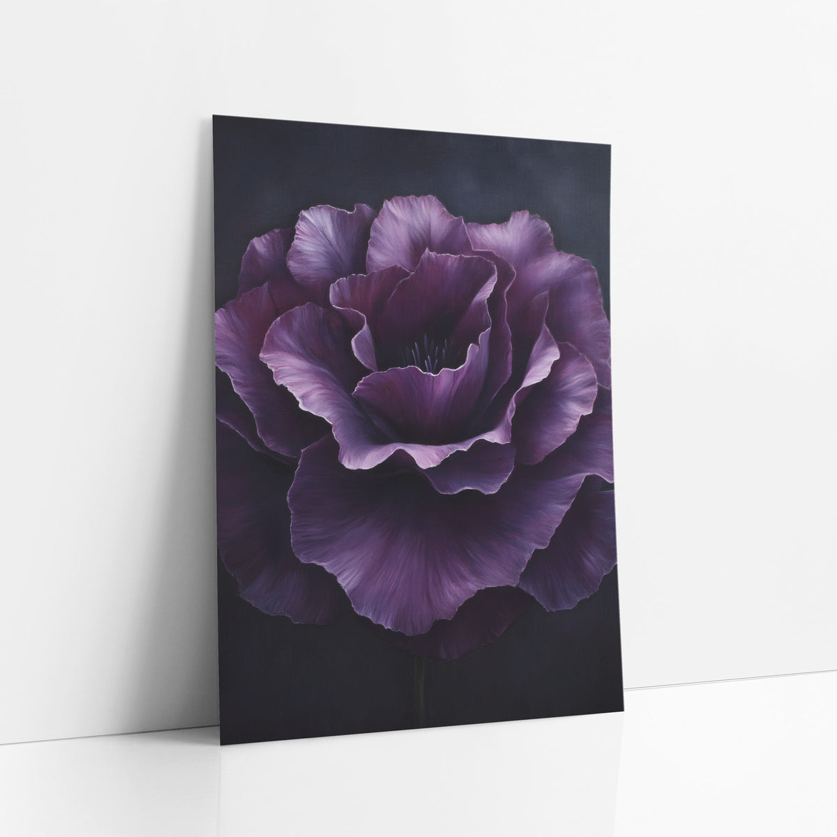 Plum Ruffled Rosette Closeup Painterly art print leaning against a white wall – large plum purple lisianthus with ruffled