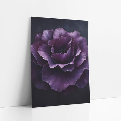 Plum Ruffled Rosette Closeup Painterly art print leaning against a white wall – large plum purple lisianthus with ruffled