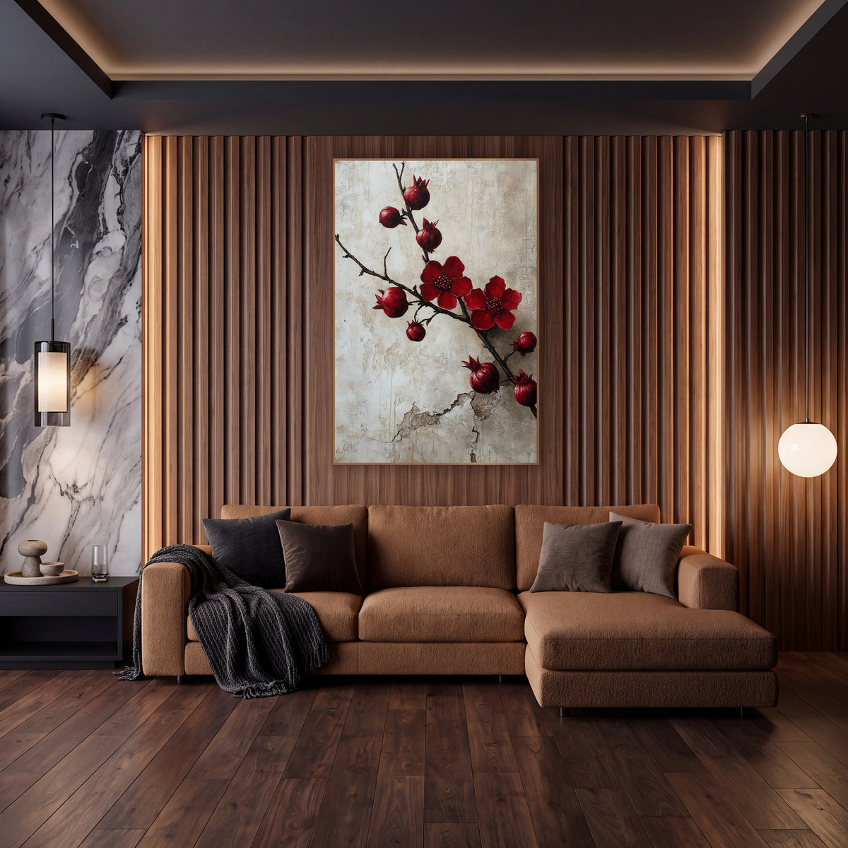 Crimson Pomegranate Branch Botanical wall art in an elegant modern room – dark pomegranate branch with two crimson