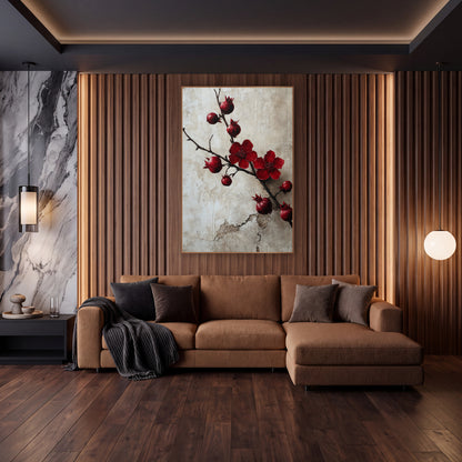 Crimson Pomegranate Branch Botanical wall art in an elegant modern room – dark pomegranate branch with two crimson