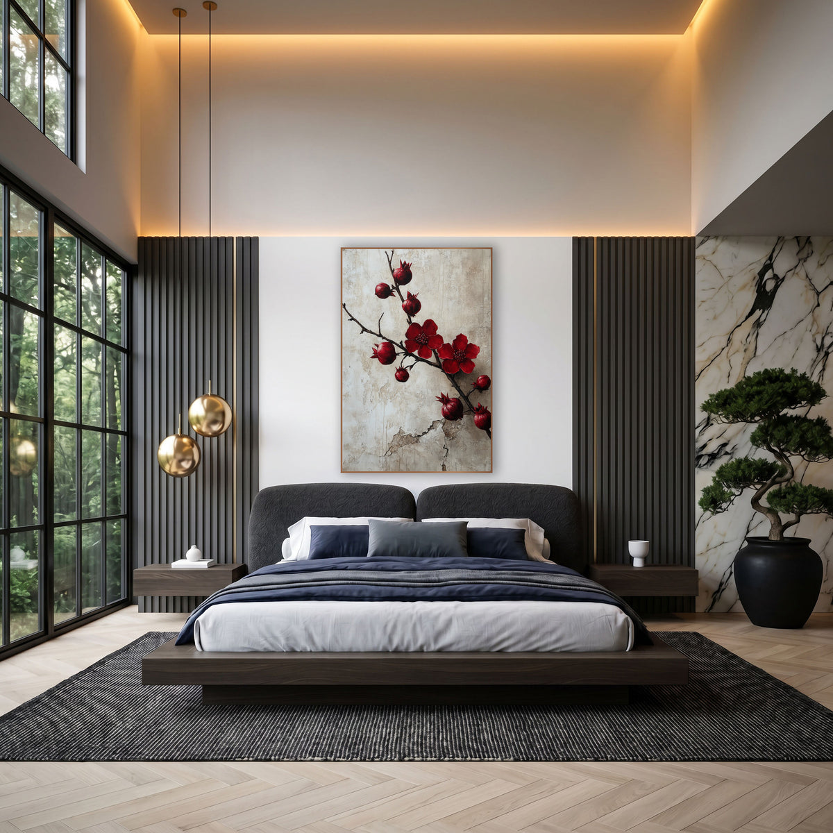 Crimson Pomegranate Branch Botanical wall art in an elegant modern room – dark pomegranate branch with two crimson