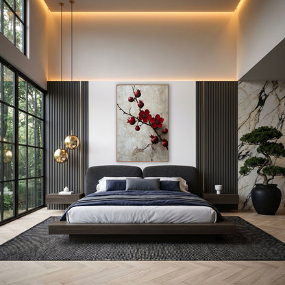 Crimson Pomegranate Branch Botanical wall art in an elegant modern room – dark pomegranate branch with two crimson