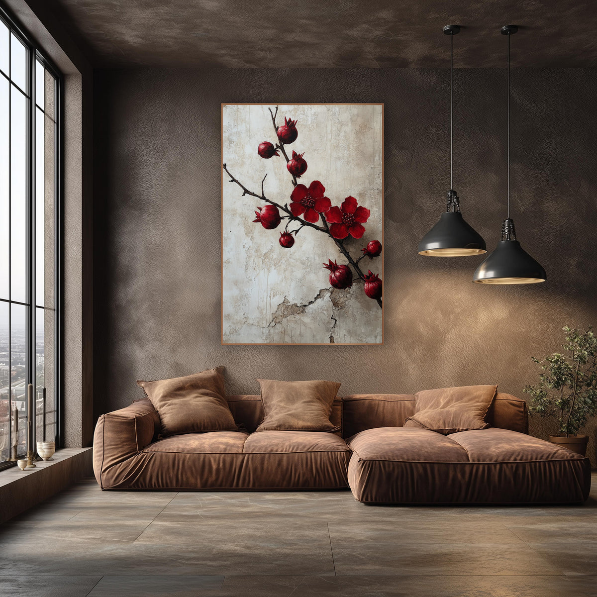 Crimson Pomegranate Branch Botanical wall art in an elegant modern room – dark pomegranate branch with two crimson