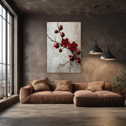 Crimson Pomegranate Branch Botanical wall art in an elegant modern room – dark pomegranate branch with two crimson