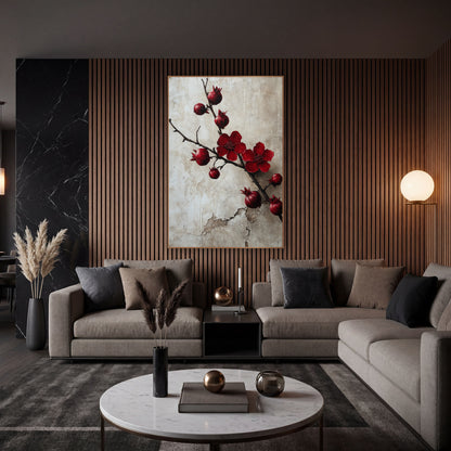 Crimson Pomegranate Branch Botanical wall art in an elegant modern room – dark pomegranate branch with two crimson