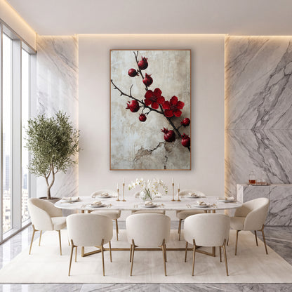 Crimson Pomegranate Branch Botanical wall art in an elegant modern room – dark pomegranate branch with two crimson