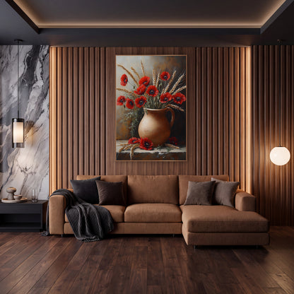 Red Poppy Wheat Jug Still Life wall art in an elegant modern room – red poppies and golden wheat stalks