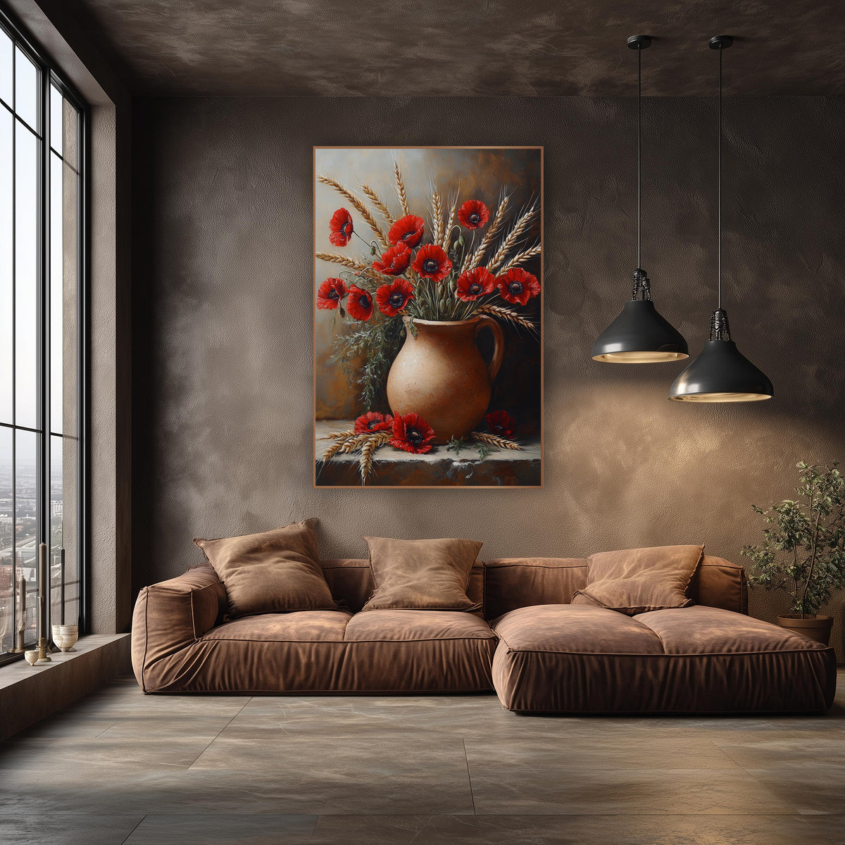 Red Poppy Wheat Jug Still Life wall art in an elegant modern room – red poppies and golden wheat stalks