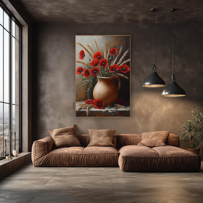 Red Poppy Wheat Jug Still Life wall art in an elegant modern room – red poppies and golden wheat stalks