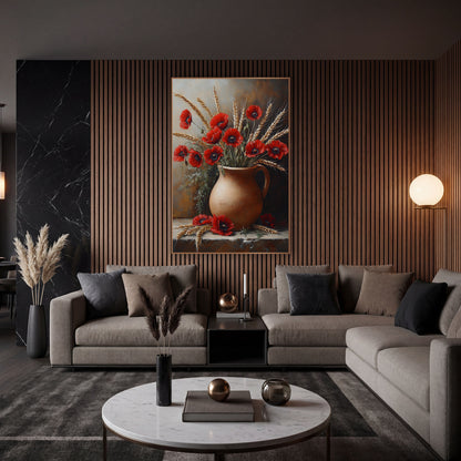 Red Poppy Wheat Jug Still Life wall art in an elegant modern room – red poppies and golden wheat stalks