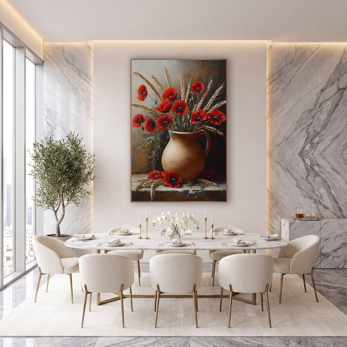 Red Poppy Wheat Jug Still Life wall art in an elegant modern room – red poppies and golden wheat stalks