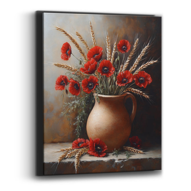 Red Poppy Wheat Jug Still Life Canvas Wall Art