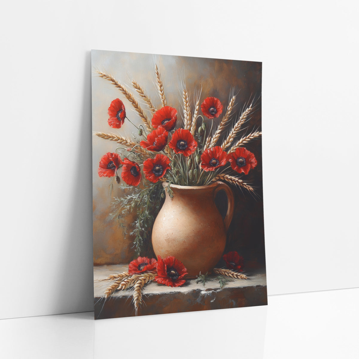 Red Poppy Wheat Jug Still Life art print leaning against a white wall – red poppies and golden wheat stalks in a terracotta