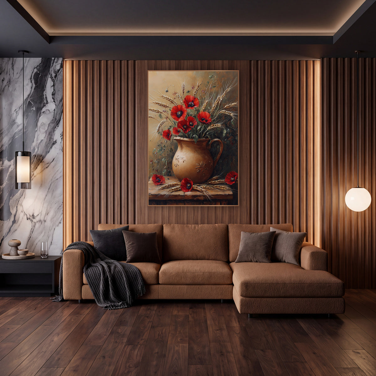 Red Poppies and Wheat Still Life wall art in an elegant modern room – red poppies and golden wheat stalks in a round