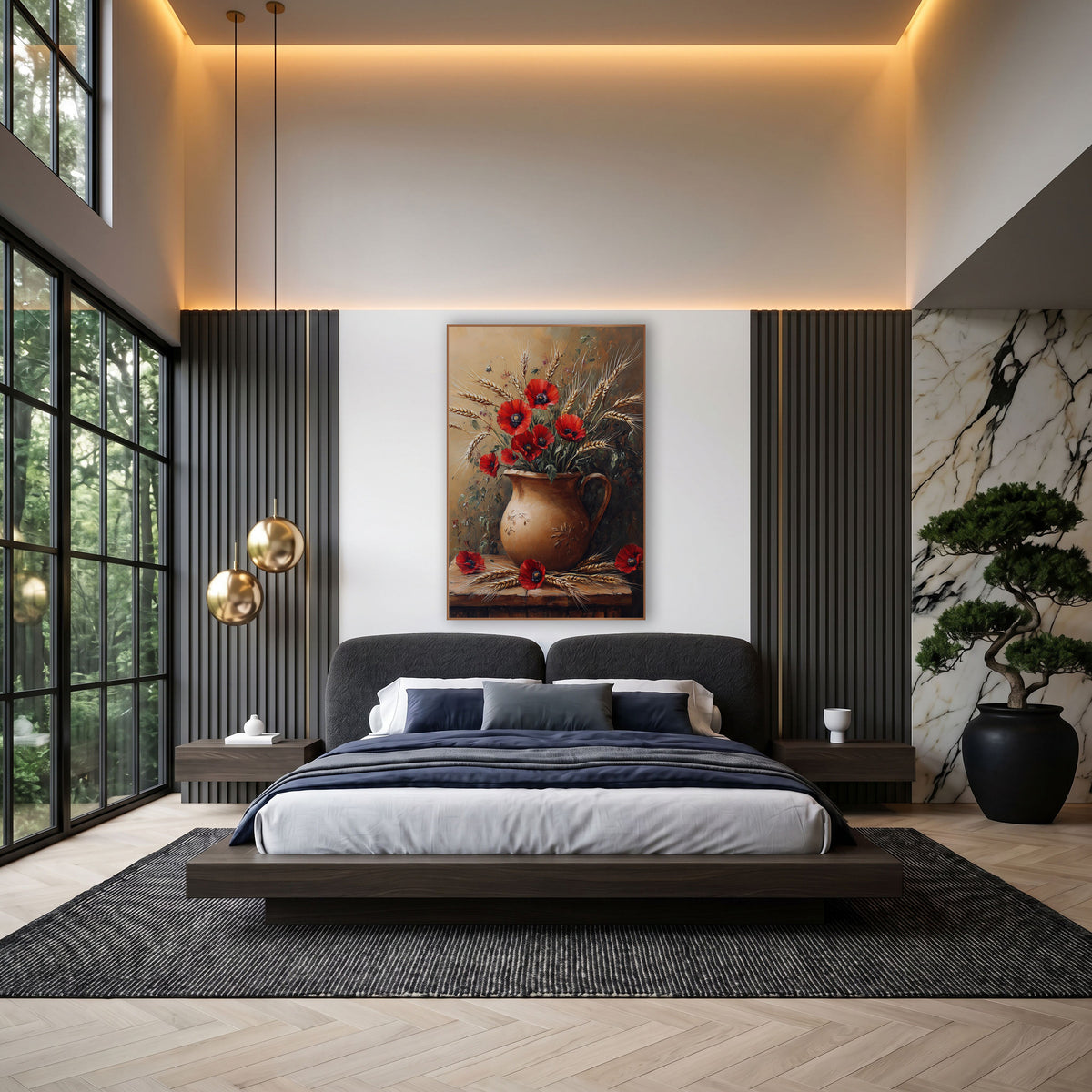 Red Poppies and Wheat Still Life wall art in an elegant modern room – red poppies and golden wheat stalks in a round