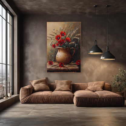 Red Poppies and Wheat Still Life wall art in an elegant modern room – red poppies and golden wheat stalks in a round